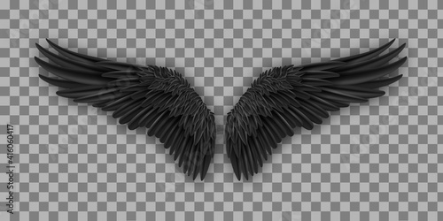 Vector pair of black realistic wings. Black isolated pair of falcon wings, 3D bird wings design template
