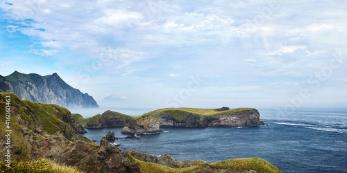 Beautiful landscape of Kuriles islands. Cape World's End. The most eastern point of Russia Shikotan island.