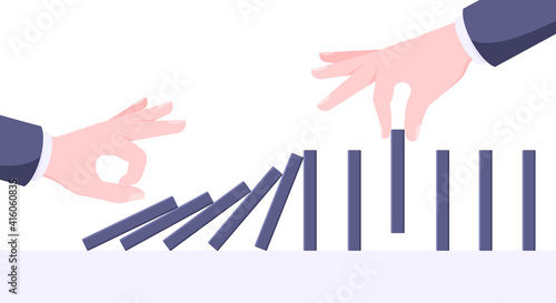 Domino effect business concept. One hand starts chain reaction of falling board game blocks of dominoes and another hand stops it flat style vector illustration.