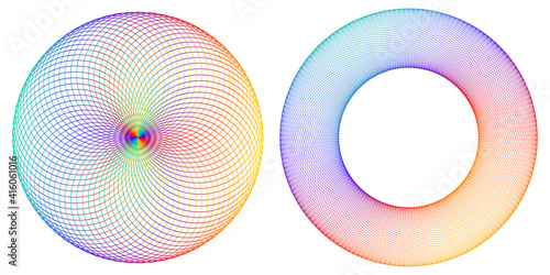 Design elements. Wave of many purple lines circle ring. Abstract vertical wavy stripes on white background isolated. Vector illustration EPS 10. Colourful waves with lines created using Blend Tool