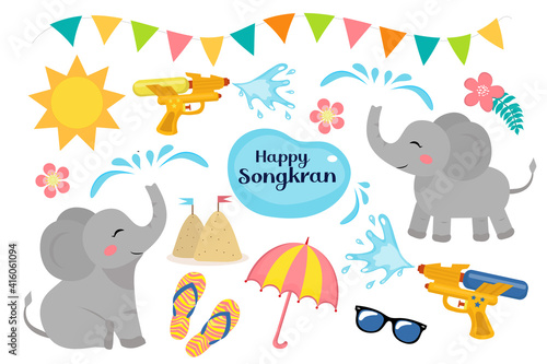 Songkran festival in Thailand objects set. Collection of design elements with elephant, water gun, sand castle, beach attributes. Thai new year water dousing. Vector illustration, clip art
