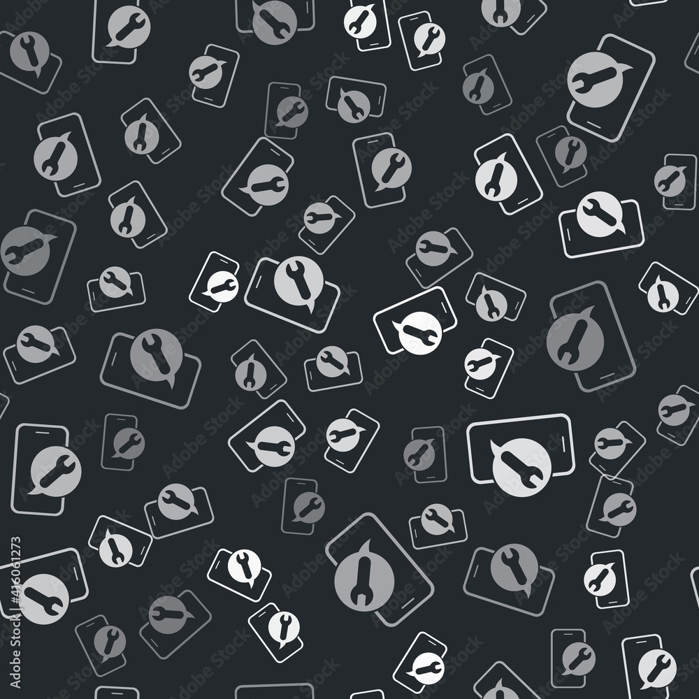 Grey Mobile phone with wrench icon isolated seamless pattern on black background. Adjusting, service, setting, maintenance, repair. Vector. Grey Mobile phone with wrench icon isolated seamless pattern on black background. Adjusting, service, setting, maintenance, repair. Vector.