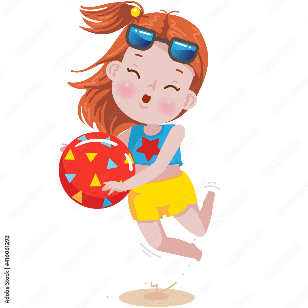 little girl jumping. Children holding a volleyball. kid jump on the sand in summer. Hello summer children's fashion during school holidays. Playing for fun or sports. little girl jumping. Children holding a volleyball. kid jump on the sand in summer. Hello summer children's fashion during school holidays. Playing for fun or sports.