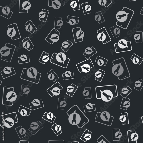 Grey Mobile phone with wrench icon isolated seamless pattern on black background. Adjusting  service  setting  maintenance  repair. Vector.