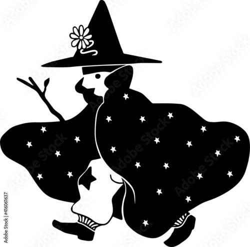 A wanderer magician with a big hat, cape and a stick. Black and white illustration of a man in a costume.