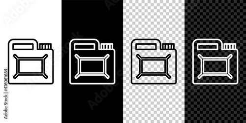Set line Canister for motor machine oil icon isolated on black and white,transparent background. Oil gallon. Oil change service and repair. Engine oil sign. Vector.