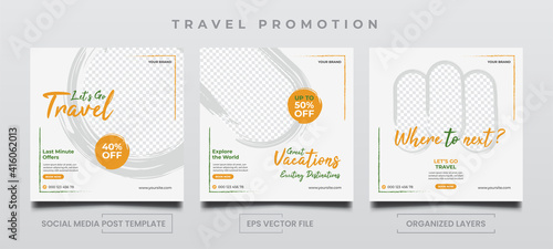 Travel Promotion templates for social media post ads with brushes in the photo frame.