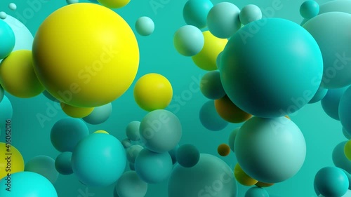 3d render of blue and yellow colorful spheres. Dynamic interaction of spheres. Positive and fun background. 