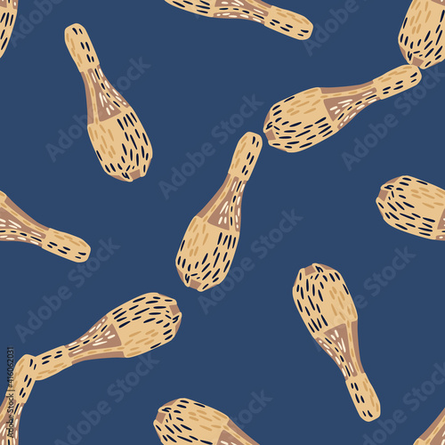 Minimalistic seamless pattern with hand drawn beige juggler mace elements. Blue background.