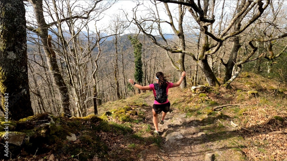 Fototapeta premium young woman trail running in the mountains