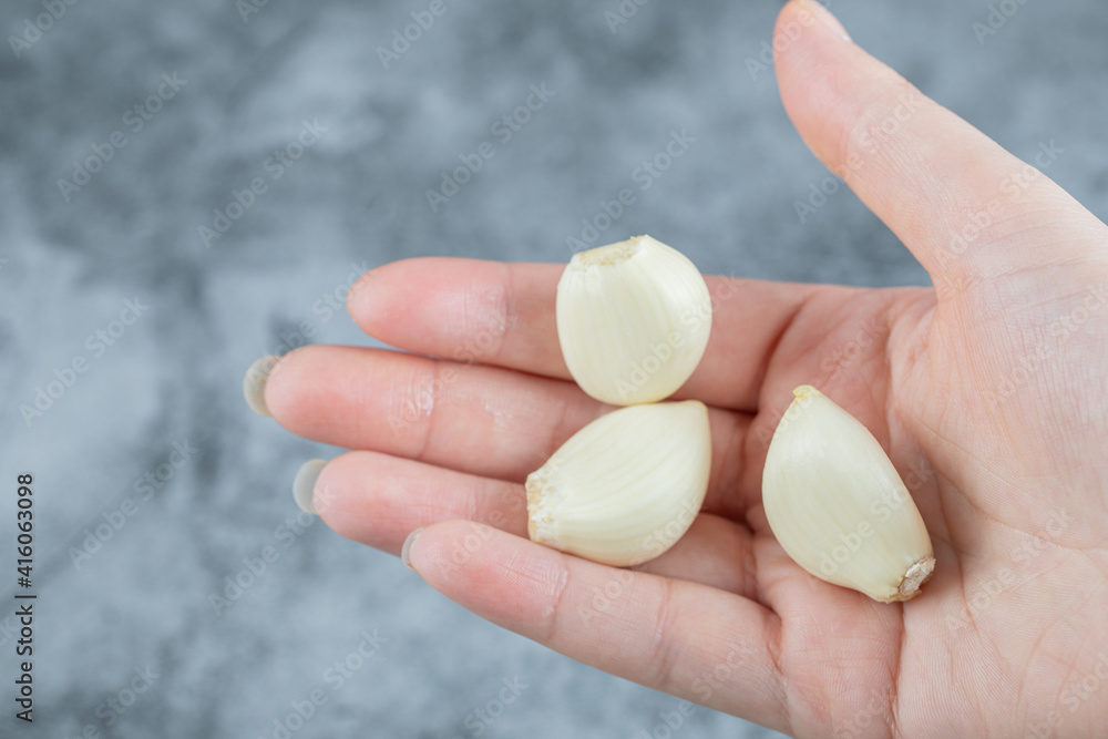 Hand holding garlic on a gray background Hand holding garlic on a gray background