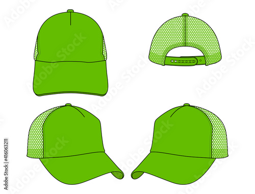 Green Mesh Trucker Cap With Adjustable Snap back Vector.