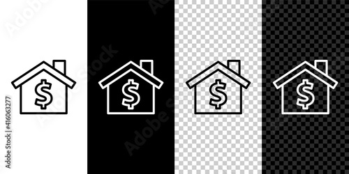Set line House with dollar symbol icon isolated on black and white  transparent background. Home and money. Real estate concept. Vector.