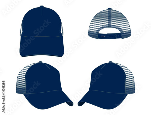 Blank navy mesh trucker cap with adjustable snap-back strap closure template on white background, vector file.