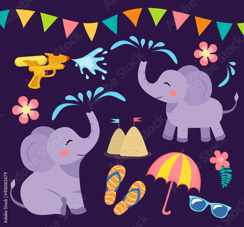 Songkran festival in Thailand objects set. Collection of design elements with elephant  water gun  sand castle  beach attributes. Thai new year water dousing. Vector illustration  clip art