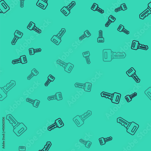Black line House key icon isolated seamless pattern on green background. Vector.