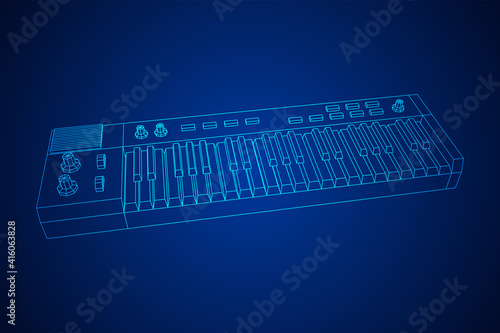 Piano roll analog synthesizer faders buttons knobs. Wireframe low poly mesh vector illustration.