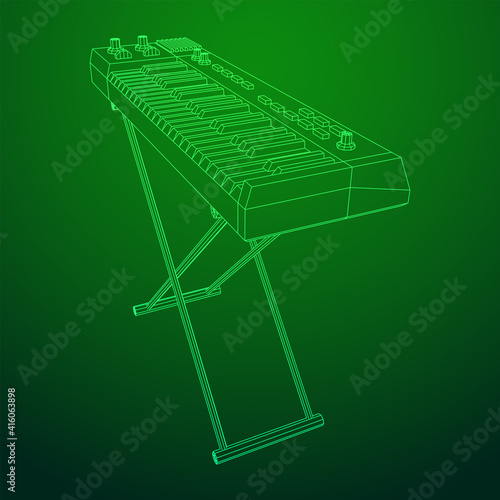 Piano roll analog synthesizer faders buttons knobs. Wireframe low poly mesh vector illustration.