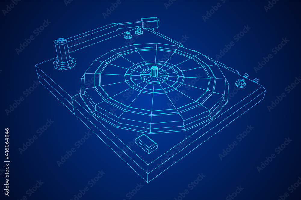 Fototapeta premium Vinyl turntable audio device. Wireframe low poly mesh vector illustration.