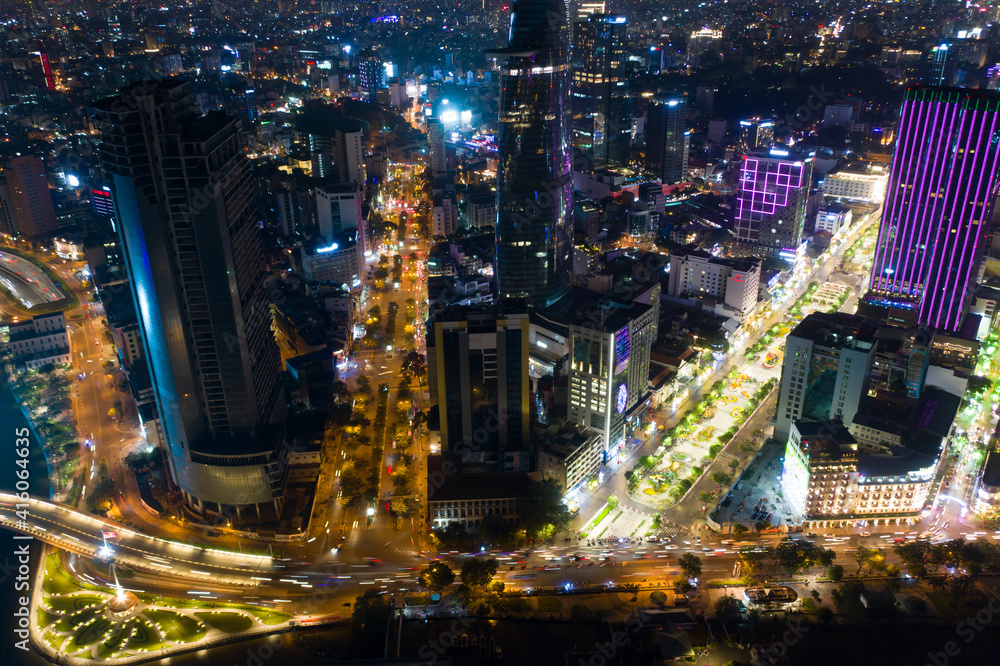 Fototapeta premium Beautiful night city, cityscape of Ho Chi Minh city, Vietnam, 