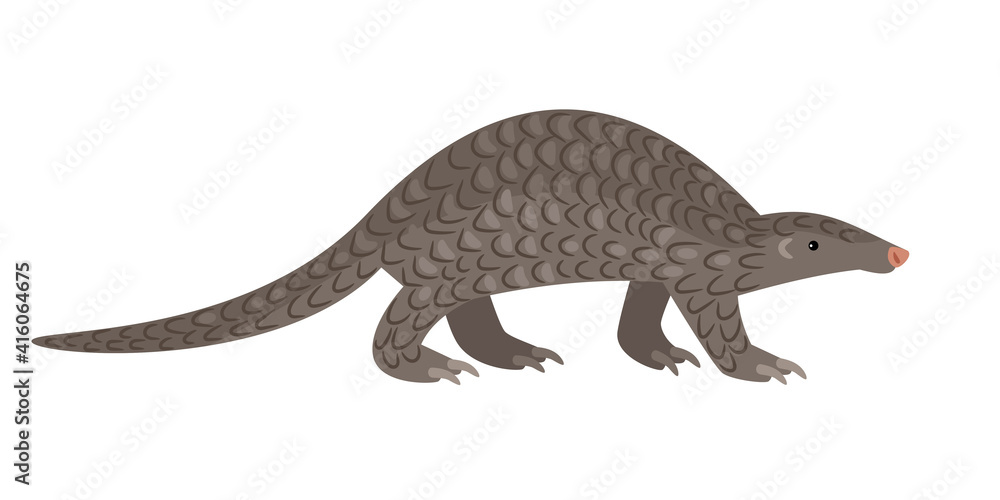 African reptile. Cartoon big lizard, exotic character of zoo, endangered beast of wildlife, vector illustration of pangolin isolated on white background