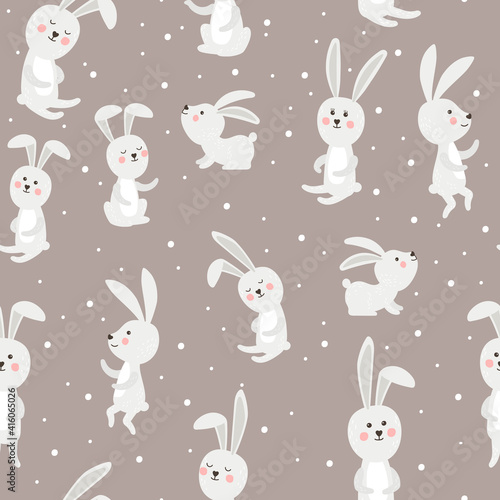 Cute rabbits seamless patters. Cartoon specials characters of happy easter, funny elements of spring holiday postcard, vector illustration of wallpaper with bunnies