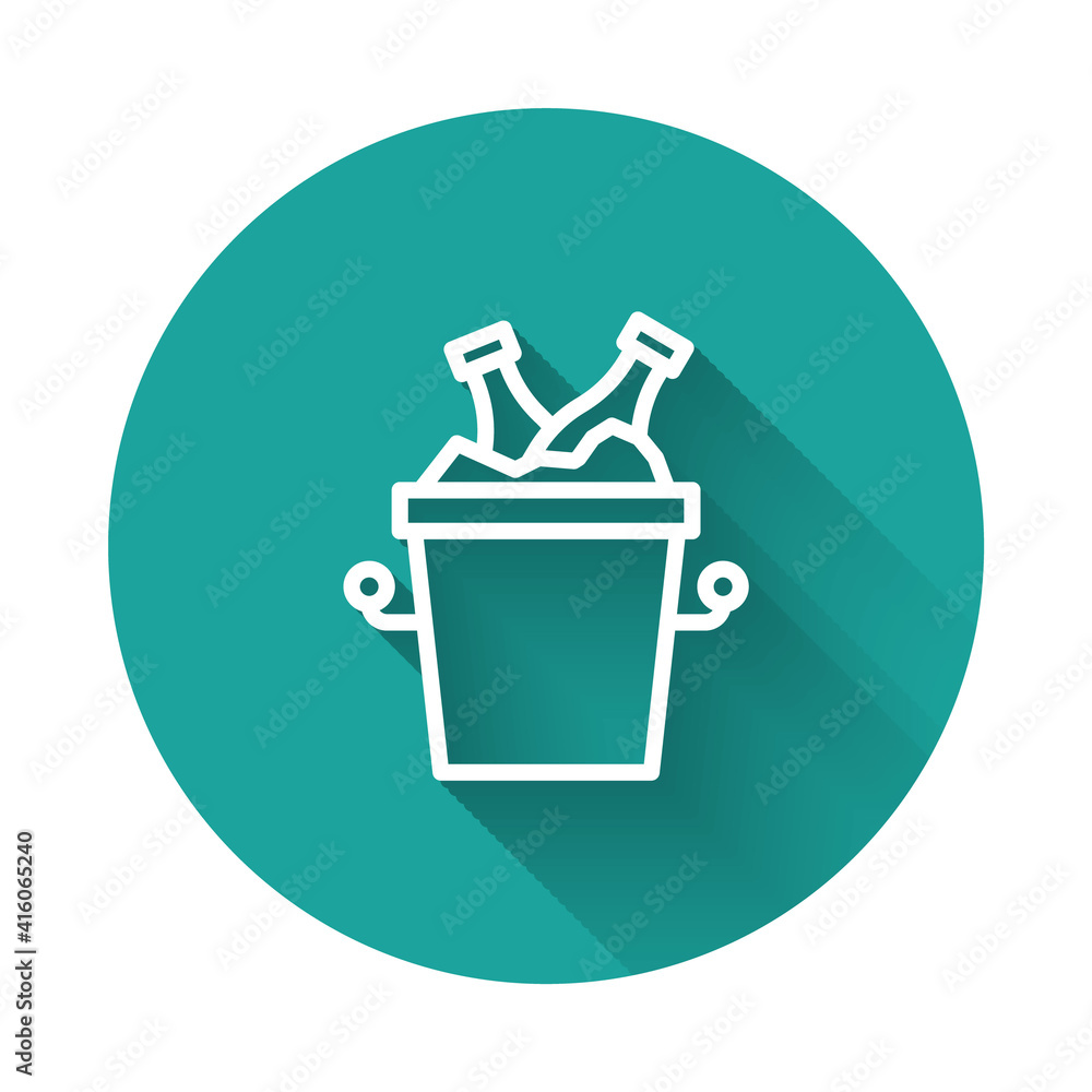 White line Beer bottles in ice bucket icon isolated with long shadow background. Green circle button. Vector. White line Beer bottles in ice bucket icon isolated with long shadow background. Green circle button. Vector.