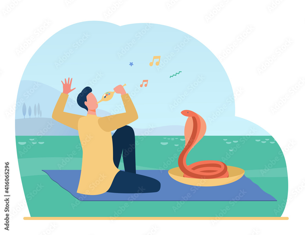 Snake charmer playing pipe flute for dancing cobra. Musician, trainer, India. Flat vector illustration. Wild animal, danger, show concept for banner, website design or landing web page