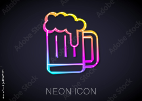 Glowing neon line Wooden beer mug icon isolated on black background. Vector.