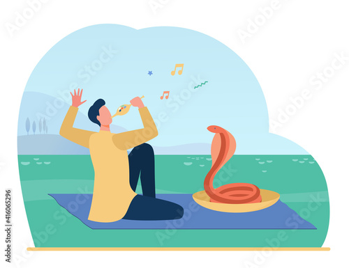 Snake charmer playing pipe flute for dancing cobra. Musician, trainer, India. Flat vector illustration. Wild animal, danger, show concept for banner, website design or landing web page