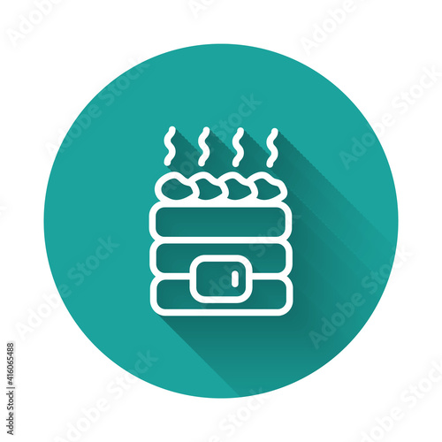 White line Hot sauna stones icon isolated with long shadow background. Spa resort recreation, bathhouse relaxation. Hot stones on electric heater. Green circle button. Vector.