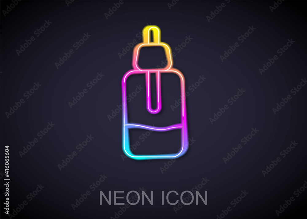 Glowing neon line Essential oil bottle icon isolated on black background. Organic aromatherapy essence. Skin care serum glass drop package. Vector. Glowing neon line Essential oil bottle icon isolated on black background. Organic aromatherapy essence. Skin care serum glass drop package. Vector.