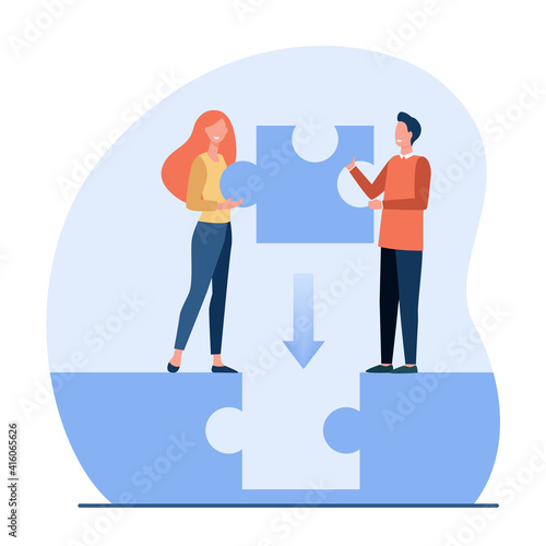 Couple filling gap between them. Man and woman placing missing piece of puzzle. Flat vector illustration. Relationship, connection, link concept for banner, website design or landing web page