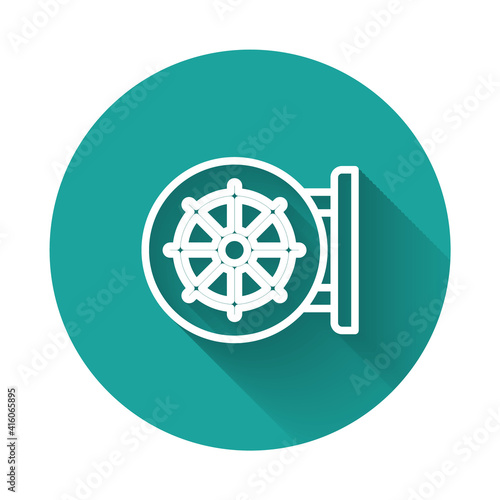 White line Dharma wheel icon isolated with long shadow background. Buddhism religion sign. Dharmachakra symbol. Green circle button. Vector.