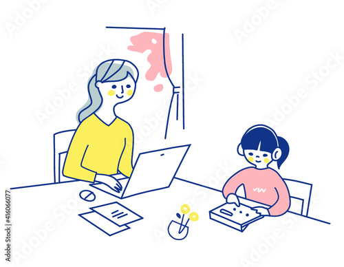 リモートワークをする母親と一緒に勉強する女の子