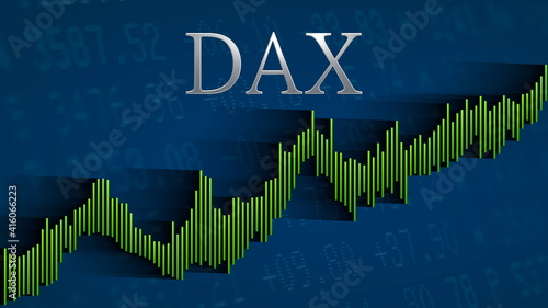 The German blue chip stock market index Dax keeps rising. The green ascending bar chart on a blue background with the silver headline indicates a bullish market. photo