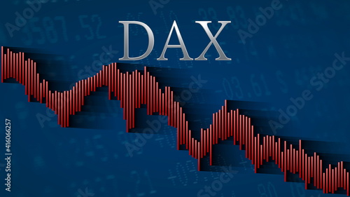 The German blue chip stock market index Dax keeps falling. The red descending bar chart on a blue background with the silver headline indicates a bearish market. photo
