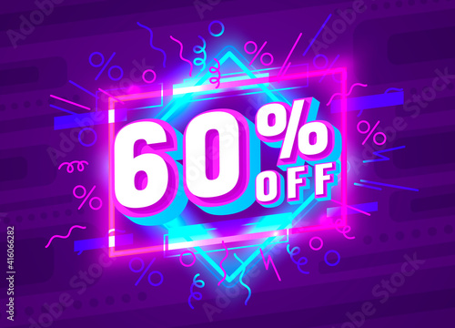 Cyber 60 off sale banner, light neon flyer, retro label. Vector
