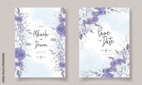 Elegant wedding invitation card with beautiful purple flowers