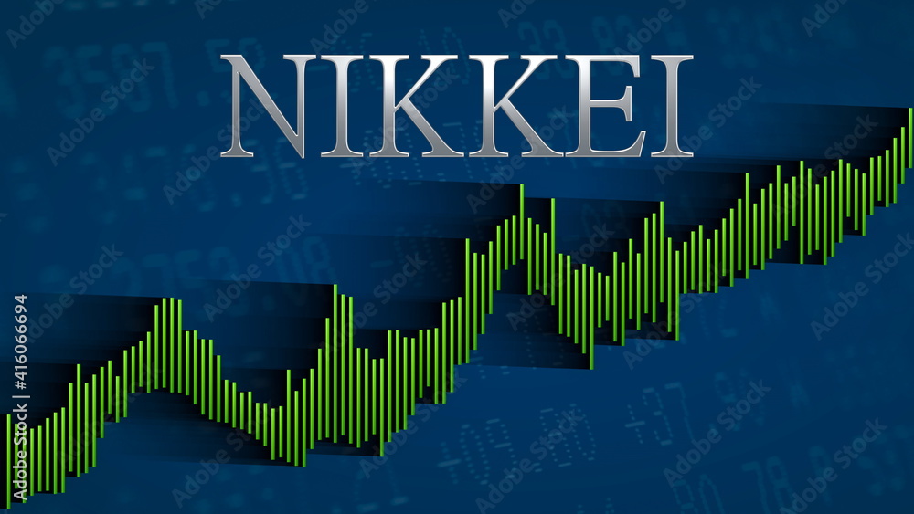 Obraz premium The Japanese stock market index Nikkei keeps rising. The green ascending bar chart on a blue background with the silver headline indicates a bullish market.