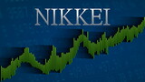 The Japanese stock market index Nikkei keeps rising. The green ascending bar chart on a blue background with the silver headline indicates a bullish market.
