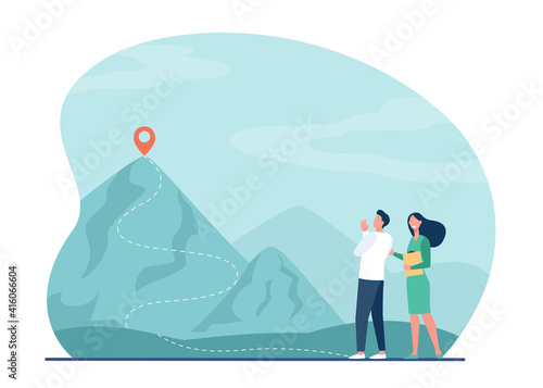 Couple of business colleagues on start of mountain climbing. Itinerary, route on top, trekking. Flat vector illustration. Challenge, goal concept for banner, website design or landing web page
