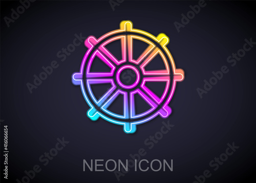 Glowing neon line Dharma wheel icon isolated on black background. Buddhism religion sign. Dharmachakra symbol. Vector.