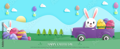 Happy easter day in paper art style with rabbit and easter eggs. greeting card, posters and wallpaper. banner. Vector illustration.