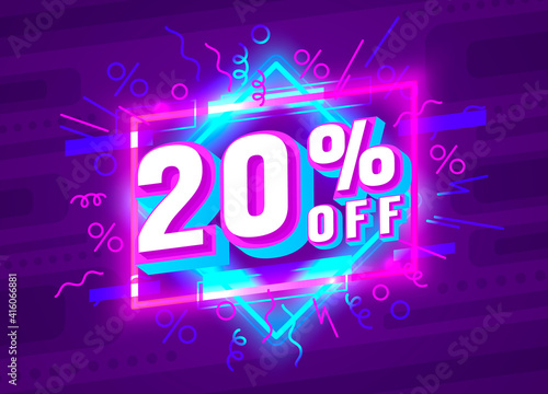 Cyber 20 off sale banner, light neon flyer, retro label. Vector