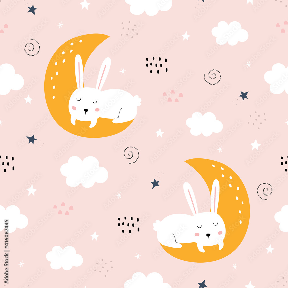 Seamless pattern vector Sky background with a white rabbit lying on the ...