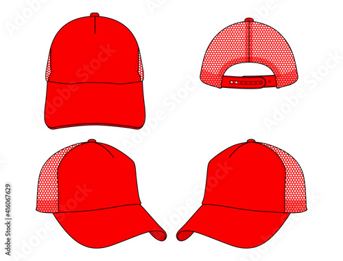 Red Mesh Trucker Cap With Adjustable Snap back Vector.