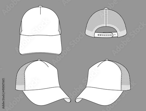 Blank White Mesh Trucker Cap With Adjustable Snap Back Closure Template on Gray Background, Vector File.