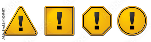 Warning signs set. Hazard attention sign with exclamation mark in different shapes in yellow. Realistic vector