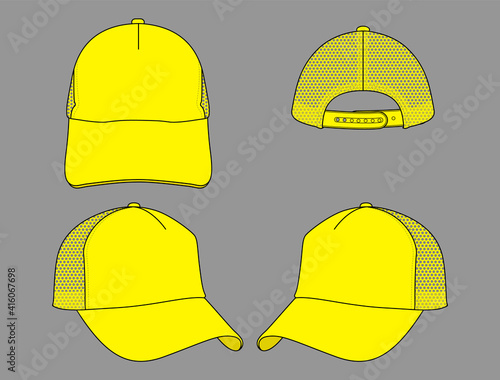 Yellow Mesh Trucker Cap With Adjustable Snap Back Template On Gray Background, VectorFile